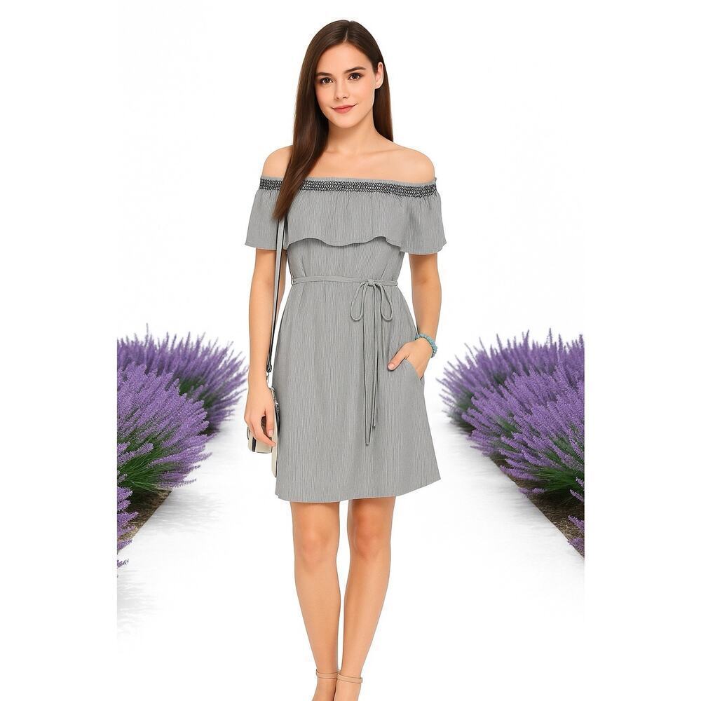 Ann Taylor Loft Belted Off Shoulder Smocked Ruffle Shift Dress Sz XS Nautical